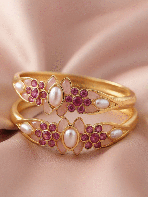 3 (104) Traditional Festival Bangles – Antique Gold with Red & Stones