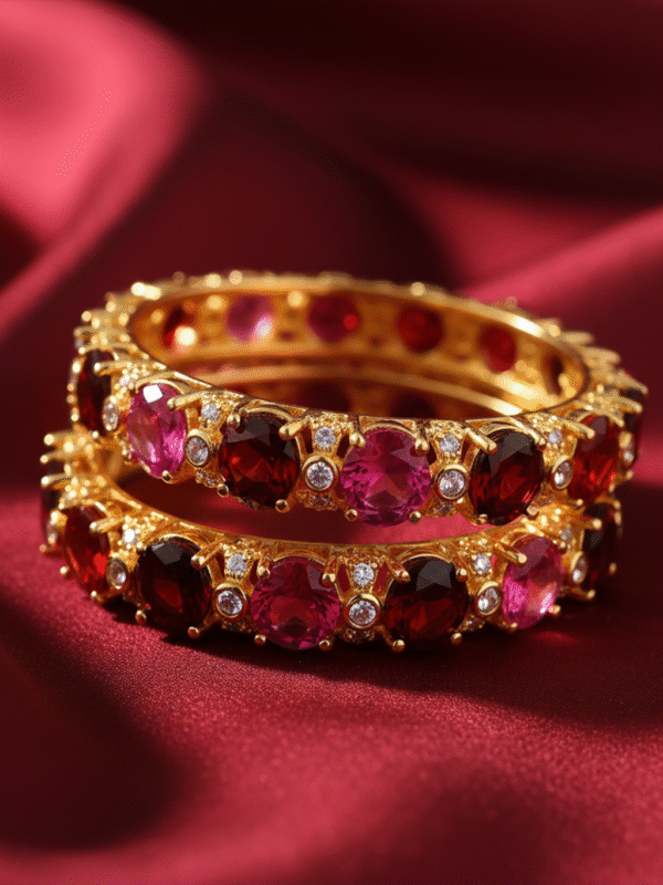 3 (90) Festival Wear Bangles – Antique Gold with Red & Green Stones