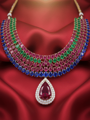m (53) Festival Necklace – Antique Gold with Red and Green Stones